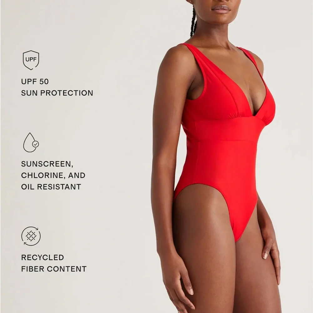 NWT Quince Cherry Red Women’s Italian Plunge One-Piece Swimsuit Sz XS S M L 🍒 - Picture 3 of 13